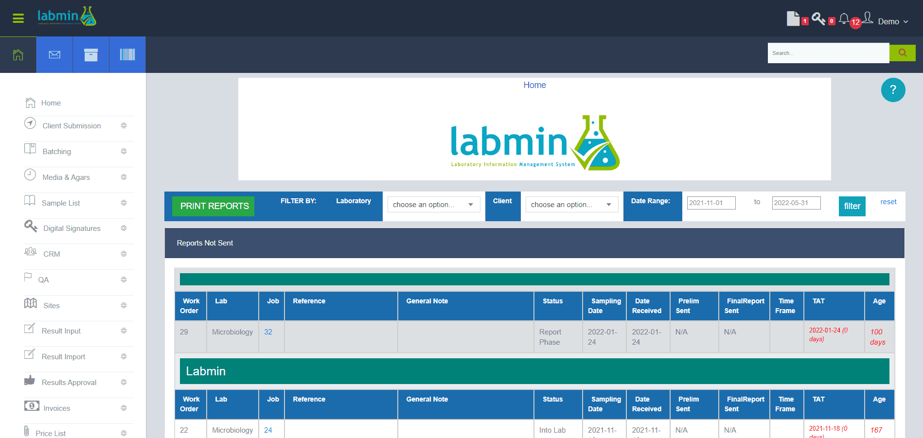 Labmin LIMS main screen